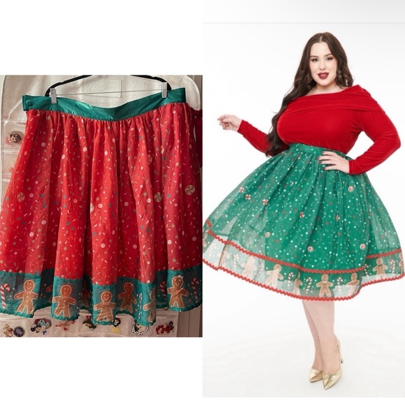 Unique Vintage Red Gingerbread Border Brilliance Swing Skirt